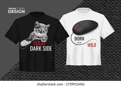 Vector t-shirt mock up set with cat, computer mouse and text print. 3d realistic shirt template. Black and white boy and girl tee mockup, front view design. Vector illustration on black abstract print