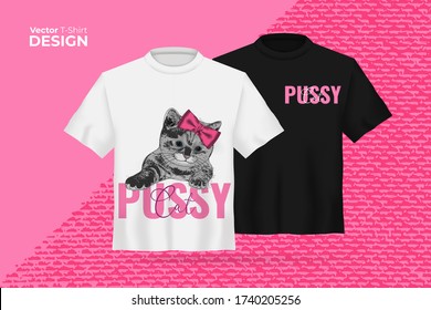 Vector t-shirt mock up set with funny kitty print, text Pussy cat. 3d realistic shirt template. Black and white boy, girl tee mockup on abstract pink background, front view design. Vector illustration