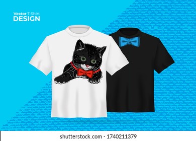 Vector t-shirt mock up set with funny black cat with red bow tie print. 3d realistic shirt template. Black and white boy and girl tee mockup on blue background, front view design. Vector illustration