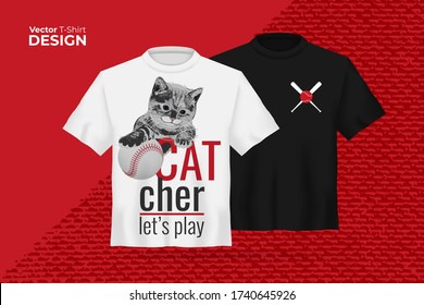 Vector t-shirt mock up set with funny cat, baseball ball and slogan CATCHER let's play. 3d realistic shirt template with sport print. Black and white boy and girl tee mockup, front view design on red