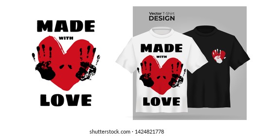 Vector t-shirt mock up set with Made with love type and red heart print. 3d realistic shirt template. Black and white boy and girl tee mockup, front view design, hand made love pattern with arm stamp