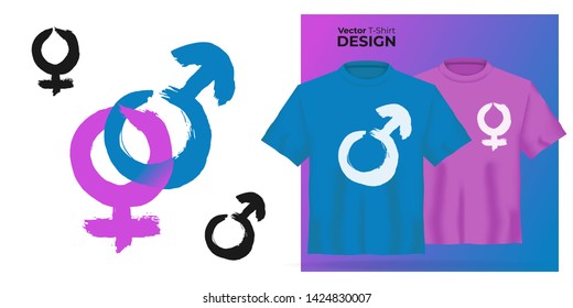 Vector t-shirt mock up set with male and female sex sign. 3d realistic shirt template. Blue and pink boy and girl tee mockup, front view design with Man and woman white symbol