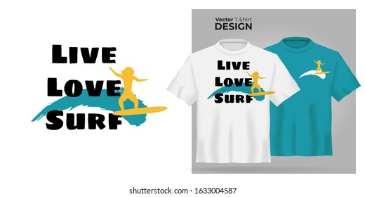 Vector t-shirt mock up set with surfing type print. 3d realistic shirt template. Blue and white boy and girl tee mockup, front view design, surf ocean wave pattern with text Live, Love, Surf