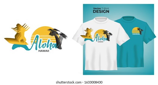 Vector t-shirt mock up set with surfing type print. 3d realistic shirt template. Blue and white boy and girl tee mockup, front view design, surf ocean and sea wave pattern with text Aloha Hawaii