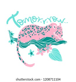 Vector t-shirt print with jaguar and han lettering tomorrow.  Tropic wild animal and plants in folk naive style.