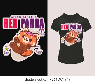 Vector t-shirt print of a kawaii red panda scientist anatomy with Fizzy Mix, Scientist Lab Coat and Glasses On call-outs, outlined like a sticker. Fun gift idea for cafés, students.	