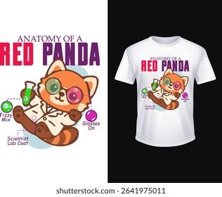 Vector t-shirt print of a red panda scientist anatomy featuring Fizzy Mix flask, Scientist Lab Coat and Glasses On points. Adorable kawaii style perfect for classroom fashion, novelty gifts.