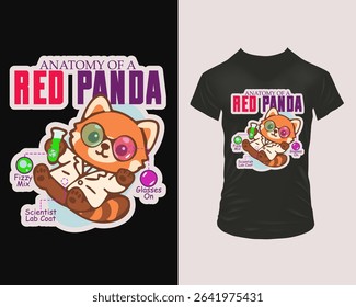 Vector t-shirt print of a red panda scientist anatomy featuring Fizzy Mix flask, Scientist Lab Coat and Glasses On points. Adorable kawaii style perfect for classroom fashion, novelty gifts.
