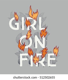 vector t-shirt print text slogan with girl on fire