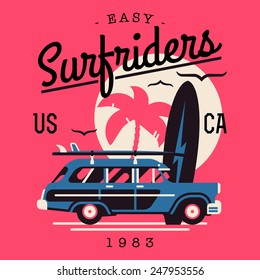 Vector t-shirt printable or wall art graphics design on California easy surf riders with typography, palm silhouette, flying seagulls and old retro woodie wagon surf car with surfboards