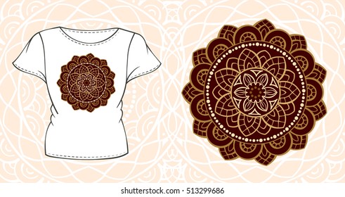 Vector t-shirt template and ethnic mandala design.