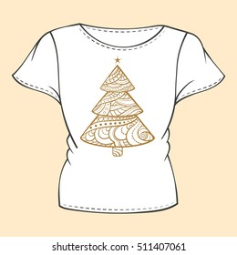 Vector t-shirt template with golden Christmas tree doodle print