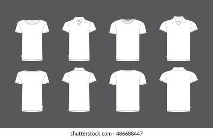 Vector T-shirts Template Front, Back View. Vector T-shirts Isolated On White. White Vector Tshirt In Outline Style. Two Kinds Of Men's And Women's Tshirts.