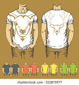 Vector t-shirts templates with prints of reindeer. Top and back side of t-shirts with deer