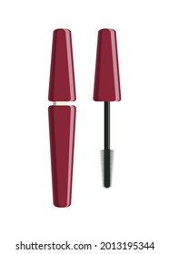 Tubo vectorial de rímel. Mascara en un tubo rojo oscuro. Rímel de ceniza en un tubo rojo con pincel. Clipart.