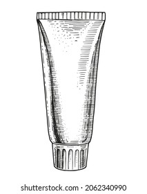 Vector tube with toothpaste. Hand-drawn sketch engraving style. Vintage illustration. Cream, balm, paste in a tube.
