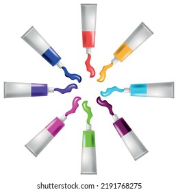 vector tubes with oil paint. tubes with extruded paint on a white background. tubes of paint laid out in a circle