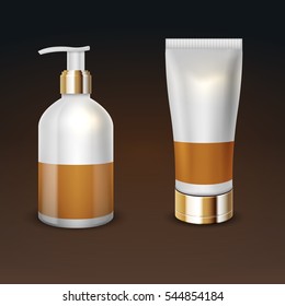 Vector tubes soap and cream on dark gold background template for advertising vector 3D