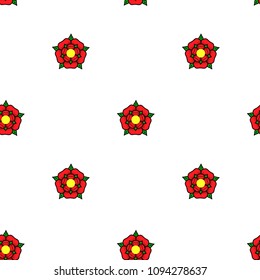 Vector Tudor Rose seamless pattern. Repeat background texture of red Lancaster rose illustration. The traditional floral heraldic emblem of England.