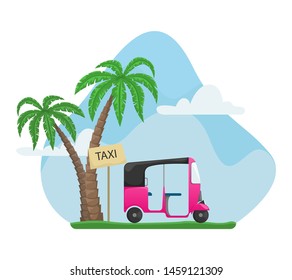 Vector tuk tuk near palms. A flat cartoon illustration of Asian public transport.