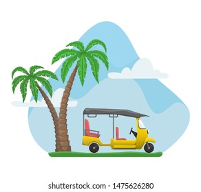 Vector tuk tuk near palms. A flat cartoon illustration of Asian public transport.