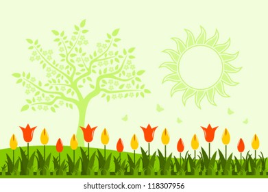 vector tulip bed and flowering tree