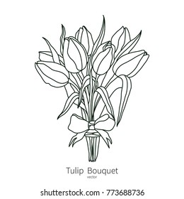 Vector tulip bouquet icon. Black and white lined flower isolated icon for polygraphy, web design, logo, app, UI.