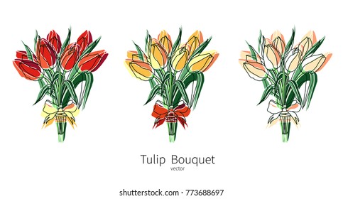 Vector tulip bouquet icons set. Colored flower bouquet isolated icons for polygraphy, web design, logo, app, UI.