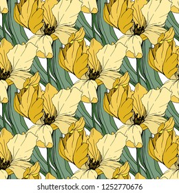 Vector Tulip engraved ink art. Floral botanical flower. Wild spring leaf wildflower isolated. Seamless background pattern. Fabric wallpaper print texture.