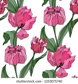 Vector Tulip grabado arte de tinta. Flor botánica floral. Flor silvestre de hojas de primavera silvestre aislada. Patrón de fondo sin inconvenientes. Textura de impresión de papel tapiz de tela.