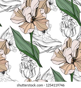 Vector Tulip engraved ink art. Floral botanical flower. Wild spring leaf wildflower isolated. Seamless background pattern. Fabric wallpaper print texture.