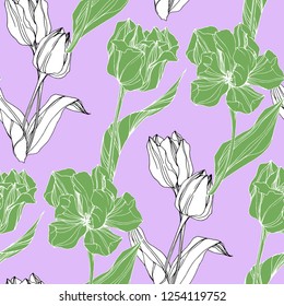 Vector Tulip engraved ink art. Floral botanical flower. Wild spring leaf wildflower isolated. Seamless background pattern. Fabric wallpaper print texture.