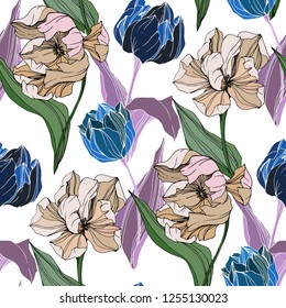 Vector Tulip engraved ink art. Floral botanical flower. Wild spring leaf wildflower isolated. Seamless background pattern. Fabric wallpaper print texture.