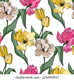 Vector Tulip engraved ink art. Floral botanical flower. Wild spring leaf wildflower isolated. Seamless background pattern. Fabric wallpaper print texture.