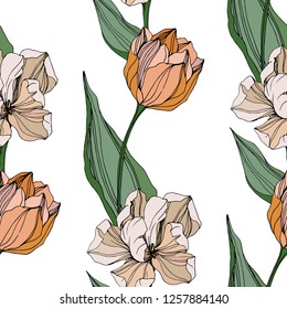 Vector Tulip engraved ink art. Floral botanical flower. Wild spring leaf wildflower isolated. Seamless background pattern. Fabric wallpaper print texture.