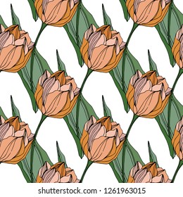 Vector Tulip engraved ink art. Floral botanical flower. Wild spring leaf wildflower isolated. Seamless background pattern. Fabric wallpaper print texture.