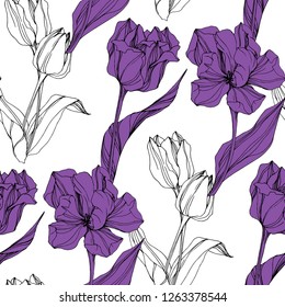Vector Tulip engraved ink art. Floral botanical flower. Wild spring leaf wildflower isolated. Seamless background pattern. Fabric wallpaper print texture.