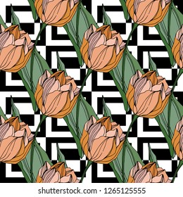 Vector Tulip engraved ink art. Floral botanical flower. Wild spring leaf wildflower isolated. Seamless background pattern. Fabric wallpaper print texture.