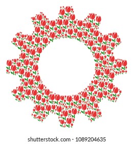Vector tulip icons are formed into cogwheel mosaic. Development design concept constructed from tulip components.