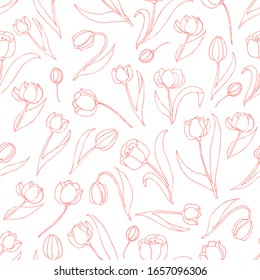 Línea de tubo vectorial rosa sin fisuras. Patrón transparente Tulipán, fondo vectorial sin fisuras. Gráfica decorativa sin fisuras, buena para imprimir. Excelente para etiquetas, impresión, embalaje, tela.