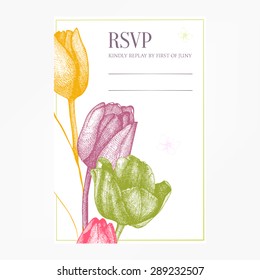 Vector tulip rsvp card. Spring vintage background with hand drawn tulips and butterfly for wedding design.