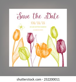 Vector tulip save the date card. Spring vintage background with hand drawn tulips and butterfly for wedding design