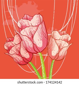 vector tulip sketch with pearl threads background