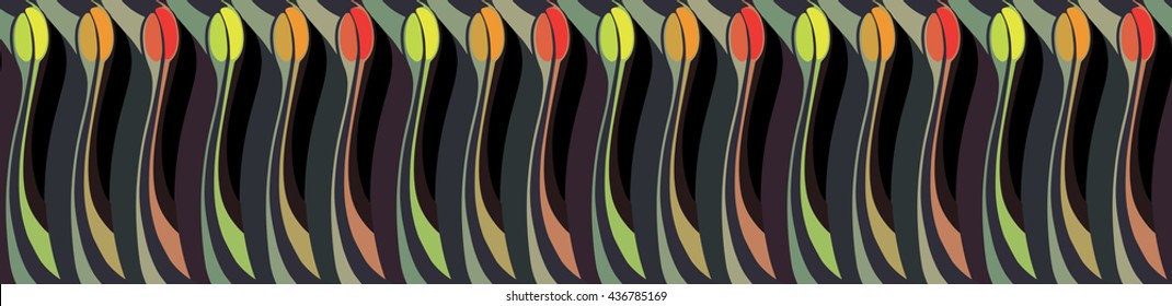 Vector. Tulips Art Nouveau pattern. silhouettes of tulips. Floral design. Flowers texture. Panoram. Bright flowers on a black background.