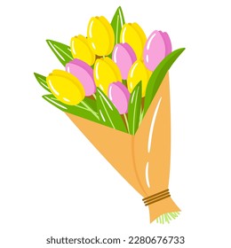 Vector tulips bouquet bundled in pink, yellow on isolated white background.