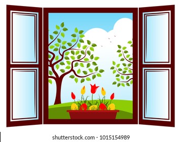 vector tulips and easter eggs in planter in the window and trees outside the window