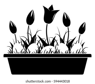 vector tulips and easter eggs in planter isolated on white background
