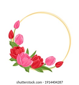 Tulipanes vectoriales. Dibujo plano de dibujos animados festivos con flores primaverales rojas y rosas. Marco dorado redondo. Tarjeta de felicitación con espacio libre para texto.