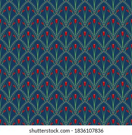 tulipanes vectoriales. patrón sin costuras florales. fondo repetitivo. muestra de tela. papel envolvente. impresión continua. elementos de diseño para textiles, decoración casera, ropa, fondo. ilustración verde amarillo rojo