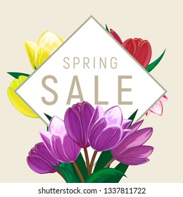 Vector tulips flower bouquet square frame or spring floral border with blooming red and yellow garden blossom illustration Can be used in postcard or greeting card graphic design to happy mothers day
